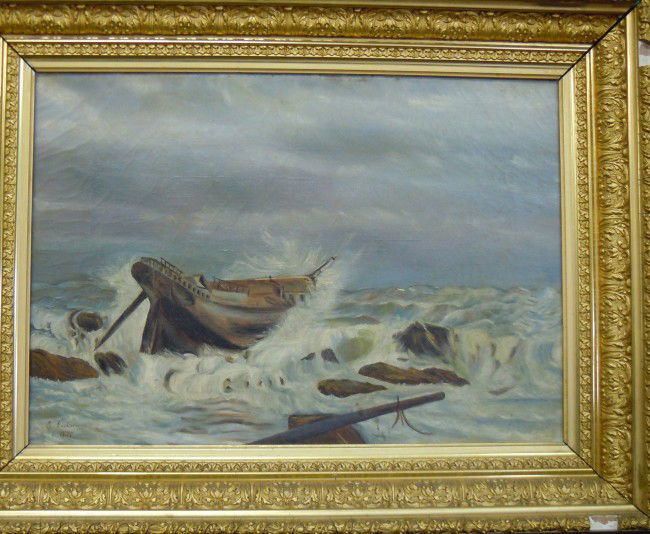 19th Century Seascape Indistinctly Signed: From the Old School Square Museum, an Oil on canvas of a boat amidst tumultous waters signed and dated 1888. Measurements are: 14 1/2" x 19 1/2". Disclaimer: Any piece of art deaccessed from the Old S