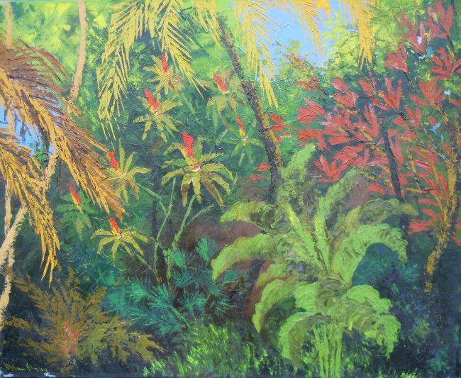 Heavy Impasto Canvas, Tropical Jungle: From the Old School Square Museum, a heavy impasto oil on canvas depicting a tropical jungle scene. Artist signed on bottom left side, "William Klein." Measurements are: 24" x 30". Disclaimer: Any pie