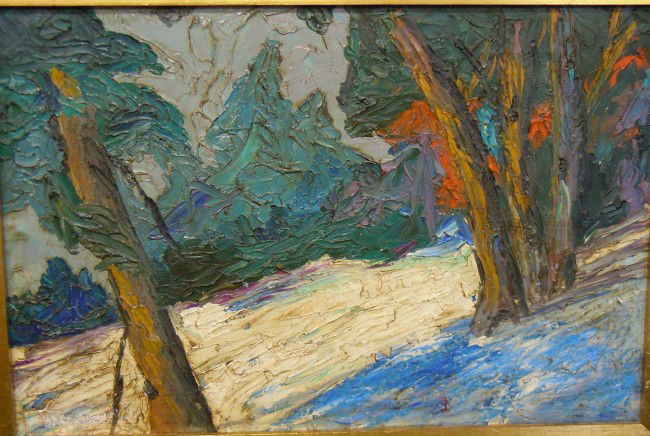 Heavy Impasto Oil On Canvas, Winter Forest: From the Old School Square Museum, a heavy impasto oil on depicting a winter forest snow scene, attributed to William Klein (See lot 134). Measurements are: 15 3/4" x 23 3/4". Disclaimer: Any piece of