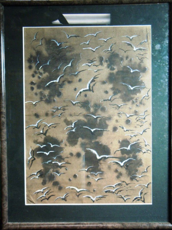 Watercolor on Paper, Birds: From the Old School Square Museum, a watercolor on paper attributed to Eugene Berman of a swarm of birds. Measurements are: 17" x 12". Disclaimer: Any piece of art deaccessed from the Old School Squar