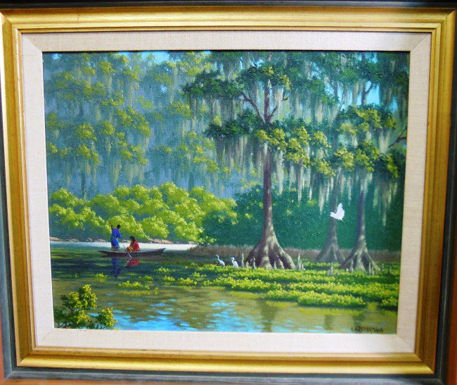 K.A. Zimmerman, Florida Artist, Oil on Canvas: From the Old School Square Museum, an oil on canvas of two figures in the everglades by Florida artist K.A. Zimmerman. Painting is signed on bottom right side. Measurements are: 16" x 20". Disclaimer:
