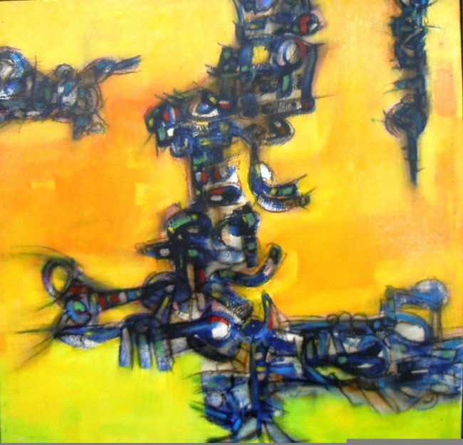 Dominican Artist Maximo Caminero, "Caminos": From the Old School Square Museum, a modern mixed media piece. Signed by the artist on painting and on verso along with the date, title, and location. Measurements are: 43" x 44 1/2". Disclaimer: Any 