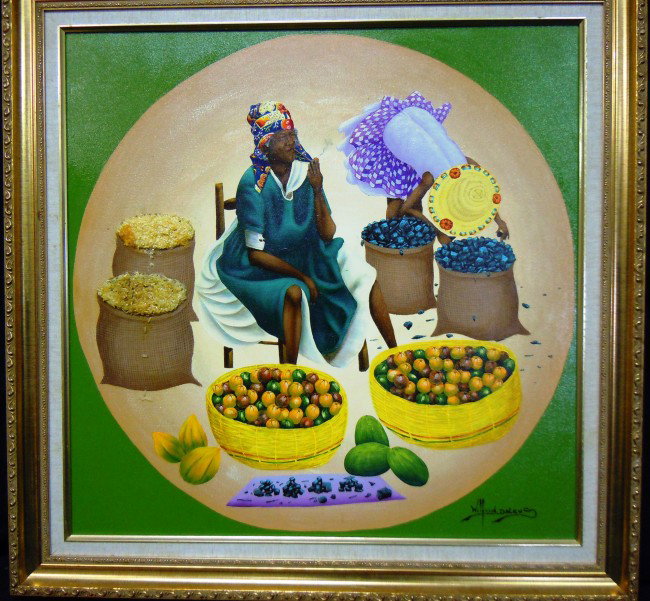 Haitian Artist, Wilfrid Daleus, Two Paintings: From the Old School Square Museum, the larger painting is a mixed media painting on canvas by Haitian artist Wilfrid Daleus. The painting is artist signed on bottom right. Measurements are: 24" x 23".