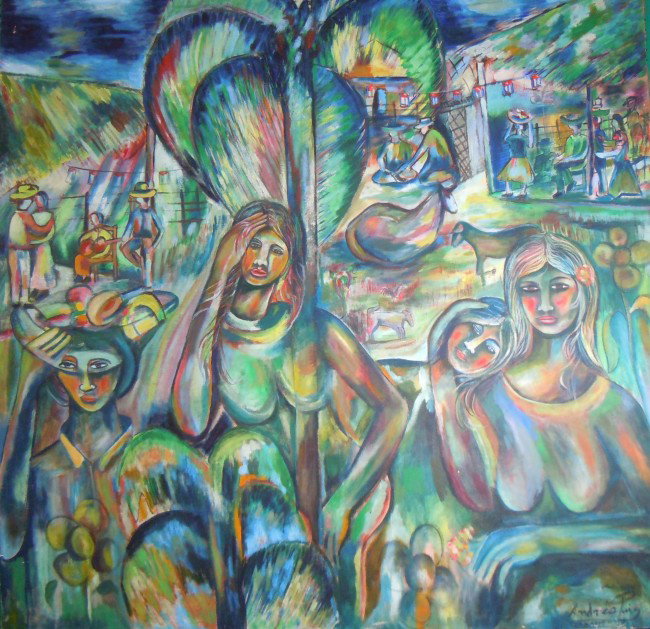 Cuban Artist Andres Puig, Large Acrylic on Canvas: From the Old School Square Museum, a modern Latin American acrylic on canvas signed and dated "September 28" (year is illegible). Measurements are: 63" x 64". Disclaimer: Any piece of art deaccessed f