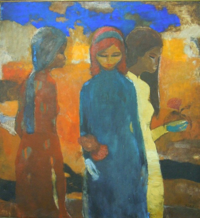 Colorful Vietnamese Oil on Canvas : Oil on canvas of a group of women,indistinctly signed on lower right side. Measurements are: 32" x 29 1/2".