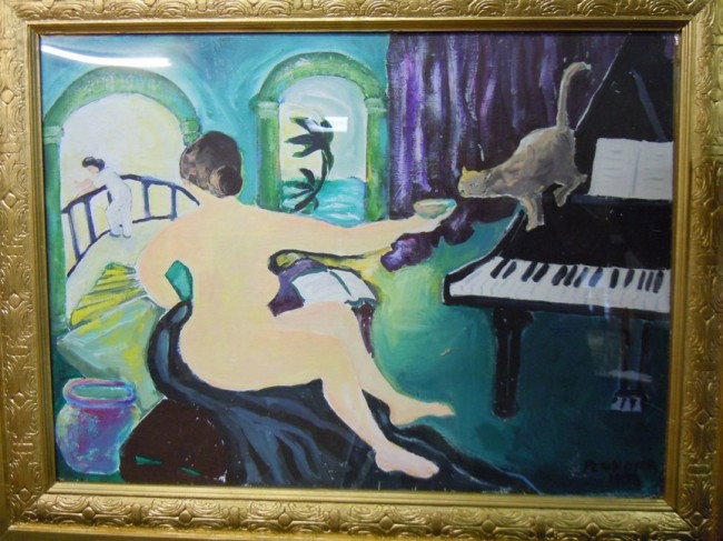 June Pennoyer, "After the Bath" Acrylic on Wood: From the Old School Square Museum, an acrylic on wood by Florida artist June Pennoyer. Artist signed and dated 1993 on bottom right side. Artist info, date, and title of painting on verso. Measurement