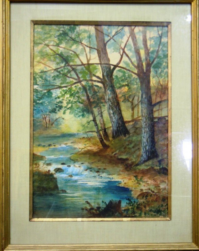 W.S. Davis, Watercolor on Paper: From the Old School Square Museum, a watercolor on paper of a serene forest scene by W.S. Davis. Artist signed on bottom right side. Measurements are: 20" x 14". Disclaimer: Any piece of art deaccesse