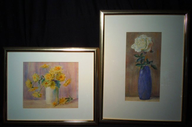 Lucy Conant, Pair of Floral Watercolors : Original watercolors by Lucy Scarborough Conant. These watercolors are part of a group from the artist's estate. There is an estate stamp on verso along with artist information. The white rose waterco
