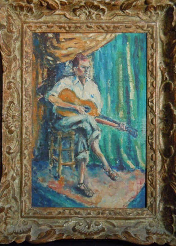 HJ Brantman, French Impressionism O/C: Oil on canvas of a man with guitar in a lovely ornate frame. Artist signed and dated "HJ Brantman Paris '48" on bottom right side. Measurements are: 12 1/2" x 8 1/4".