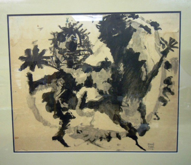 Manuel Vidal, Abstract Watercolor on Paper : From the Old School Square Museum, an abstract watercolor on paper of two dancing figures. The painting is artist signed and dated "1946" on bottom right side. Measurements are: 24" x 29 1/4". Disclai