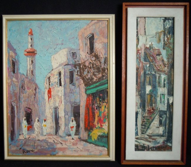 Lot of Two Heavy Impastos on Canvas, City Scenes : From the Old School Square Museum, two heavy impastos on canvas of cityscapes. Both are indistinctly signed on bottom of paintings. Measurements of the Orientalist cityscape are: 15 1/2" x 11 3/8". Th