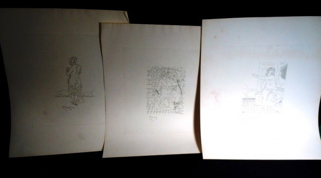 Lot of Three Andre Derain Etchings: Three Andre Derain etchings entitled, "Nude Rear", "Nude Sitting" and "Nude in Chains". All three are signed within the plate. The etching entitled, "Nude Sitting" measures: 13" x 11 1/2". The etching