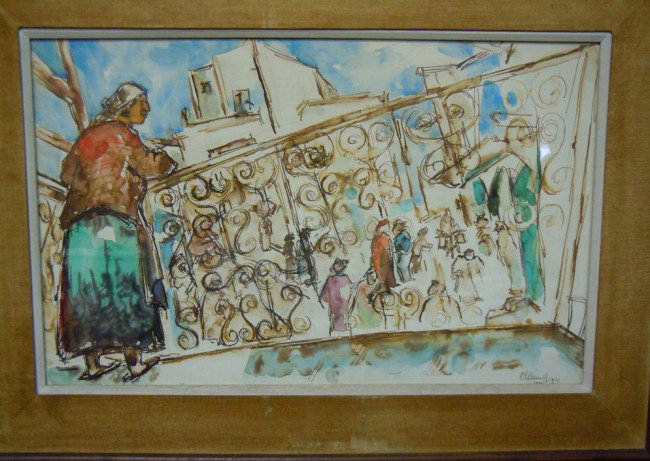 Chaim Gross, Watercolor on Paper: Watercolor on paper of an old woman overlooking a busy street. Artist signed on bottom right side and dated but the frame is cutting off the date. Measurements are: 13 1/2" x 21 1/2".