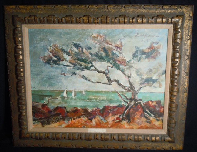 Beckmann, German Expressionism Oil on Canvas: An oil on canvas of a seashore with sailboats off in the distance. Artist signed "Beckmann" on the top right side of painting and dated f. 43. It is also signed and dated on the back of the canvas as 