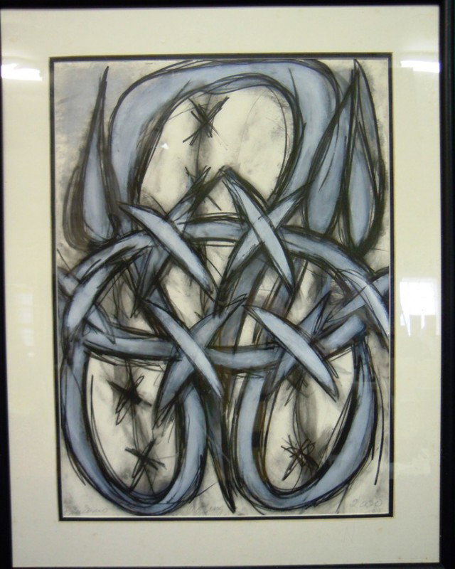 Abstract Mixed Media, "Crossing" : From the Old School Square Museum, an abstract painting entitled, "Crossing". The painting is indistinctly signed on the bottom right, title of painting is on the bottom and dated 2000. Measurements a