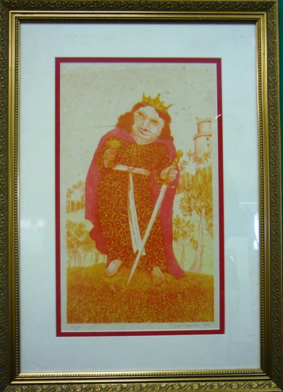 Tomas Sanchez, Color Lithograph: From the Old School Square Museum, a color lithograph of a king in the countryside. Artist signed on bottom right side and dated 79'. On the bottom left it reads P/T. Measurements are: 18 3/4" x 11".