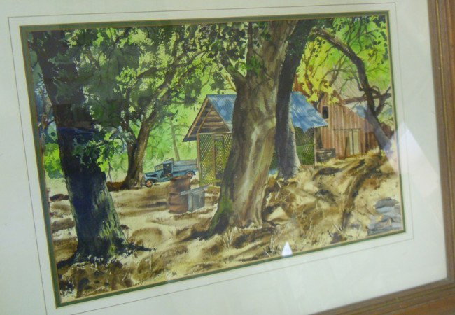 California Artist, Minnie Jordan, Watercolor : W.P.A style watercolor on paper by California artist Minnie Jordan. While living in San Francisco in the 1890s, Jordan studied at the Mark Hopkins Art Institute. Her work includes scenes of Marin Coun