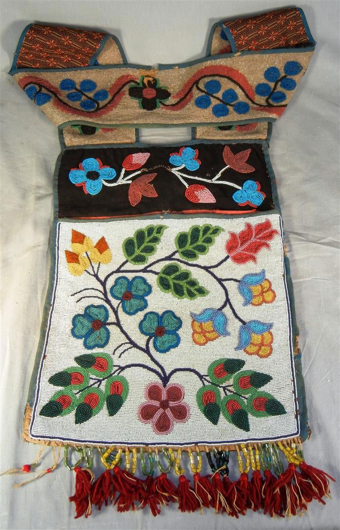 Intricately Beaded Antique Messenger Bag: Floral beaded messenger bag possibly south or native american.