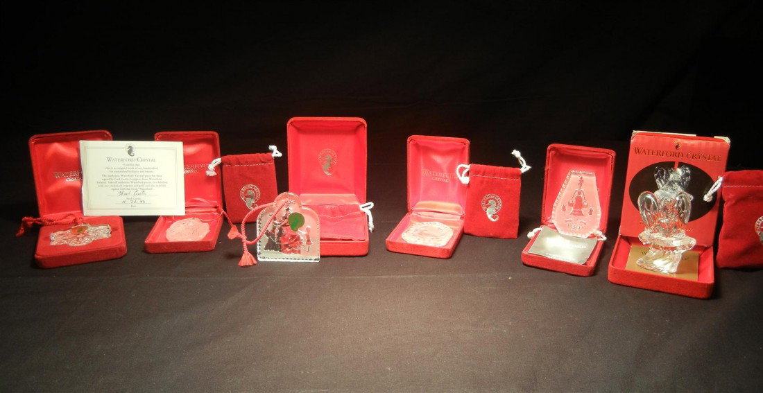 Lot of Waterford Christmas Ornaments: Waterford Christmas ornaments in this lot include: "Millennium Angels Fellowship," 1994 - The Nativity Collection, 2000 - "Snowflake," 1995 - "The Joys of Winter", 1998 - "Snowflake", 1988 - "Twelve D