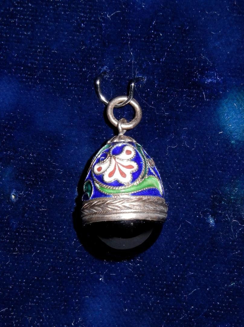 Russian Silver Enamel Egg 88 Mark: Blue & green Russian silver egg charm with gold bead décor marked "88" silver. Charm measures