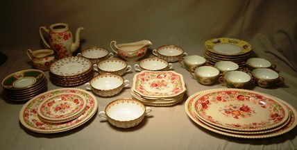 2 Sets: Bouillon Cups & Saucers, English & French: One English set of Bouillon cups and saucers (6 in total) marked "Spode Bone China England" (see photo). The other set of French Bouillon cups and saucers (6 in total) are marked "France, Fabrique En