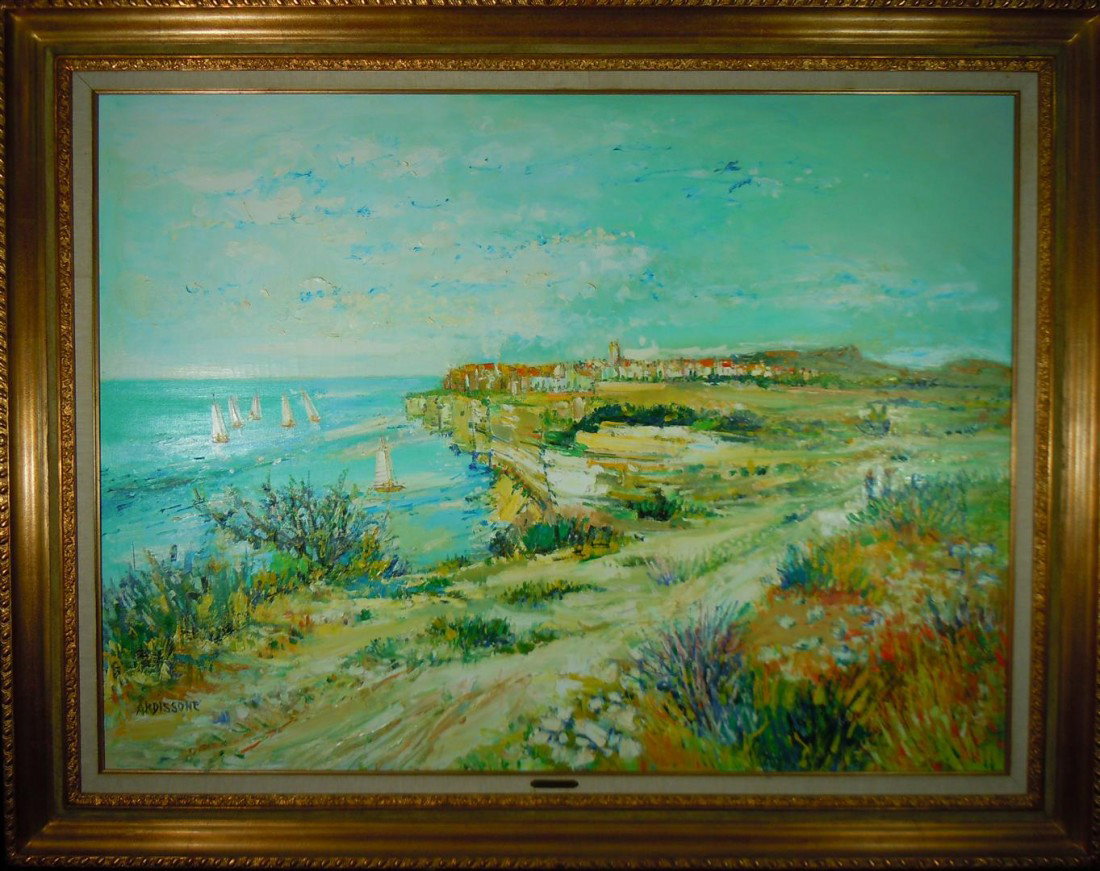 Monumental Yolande Ardissone, Oil on Canvas: Gorgeous seaside oil on canvas painting by Yolande Ardissone(1927- ). The painting is signed on the bottom left side and measures 37 3/4" x 50 1/2".