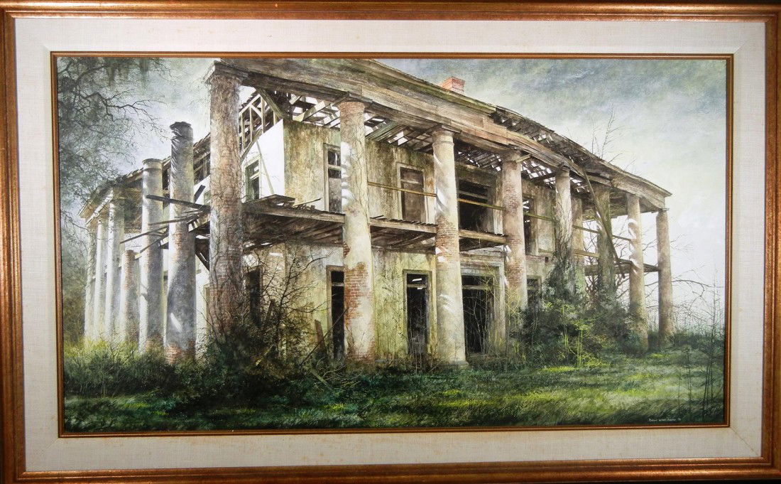 Robert Addison, Tempera & Oil on Canvas: A haunting old Southern gothic home by Robert Addison (1924-1988). The painting is signed on the bottom right side and dated 72.' Measurements with frame are: 28 1/2" x 44 1/2" and sight size is 20" x