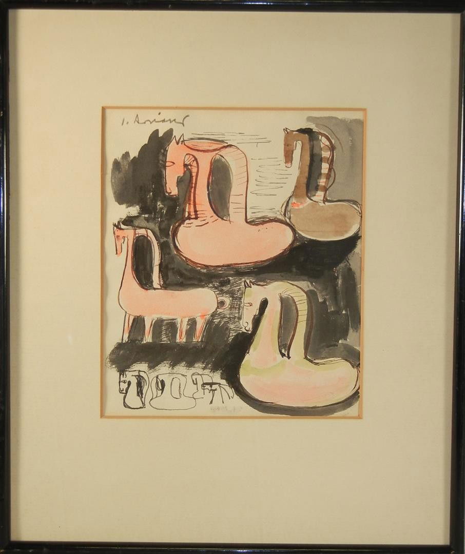 Juan Soriano, "Horses" Mexico Watercolor: Watercolor of a group of horses by Mexican artist Juan Soriano (1920-2006). Measurements are 8" x 7."