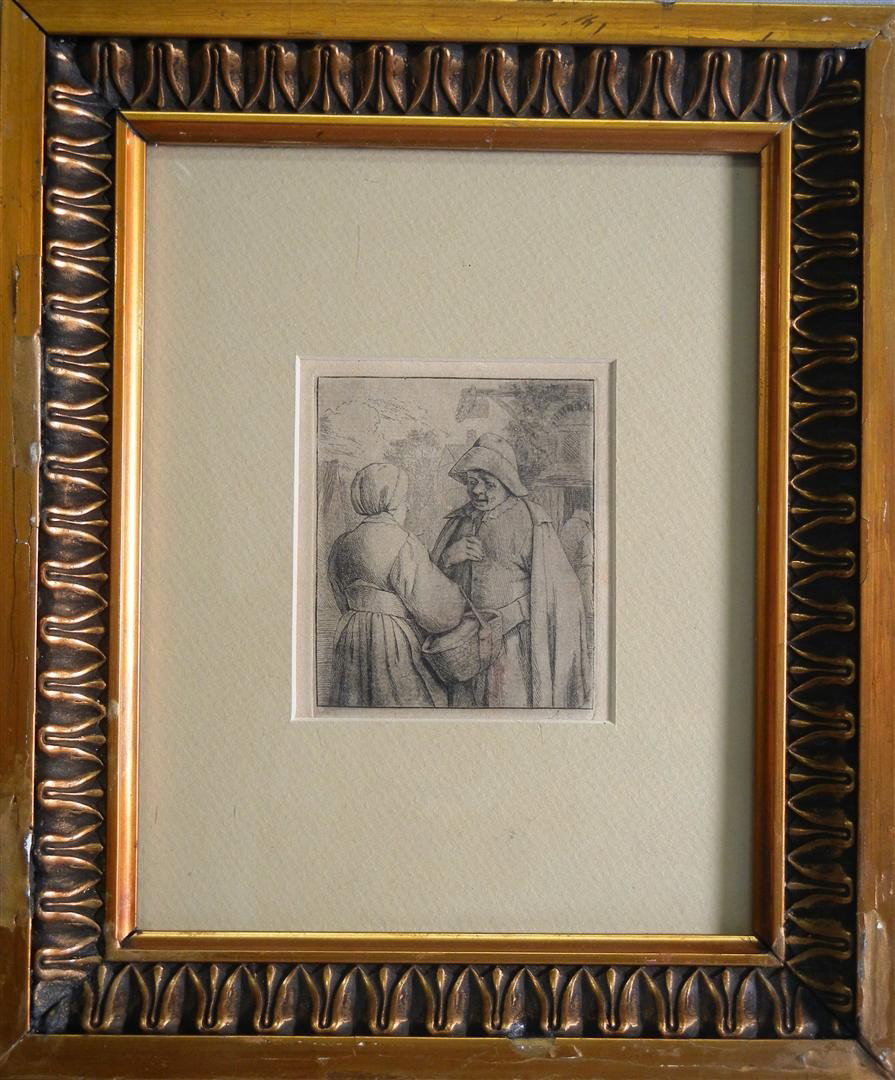 Adriaen Jansz van Ostade, Etching : An etching by Adriaen Jansz van Ostade(1610-1685) entitled, "Man and Woman Conversing." Etching is initialed on the bottom right side and plate size measures 4" x 3."