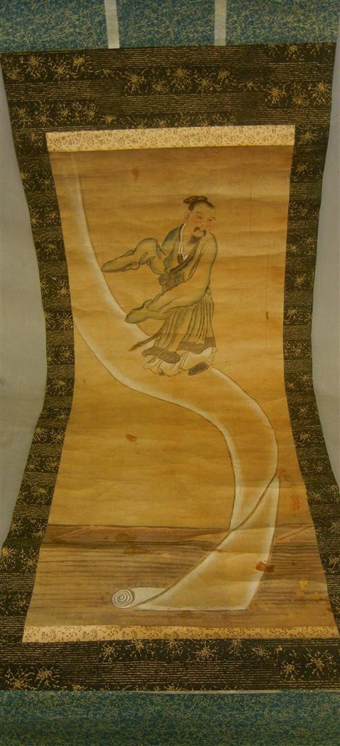 18thc Japanese Watercolor & Ink Scrolls: These two Japanese scrolls are from the late Edo, to early Meiji periods. One scroll depicts one man meditating and the other is of a man walking on an unraveling scroll. They are original watercolor 