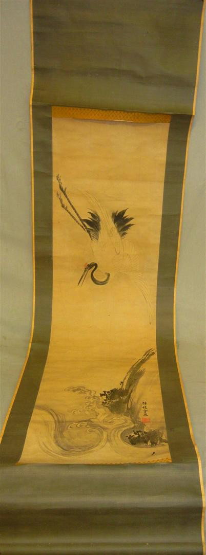 18thc Japanese Watercolor & Ink Scrolls: These two Japanese scrolls are from the late Edo, to early Meiji periods. One scroll depicts three ducklings and the other is of a heron hunting the open water. They are original watercolor and ink pa