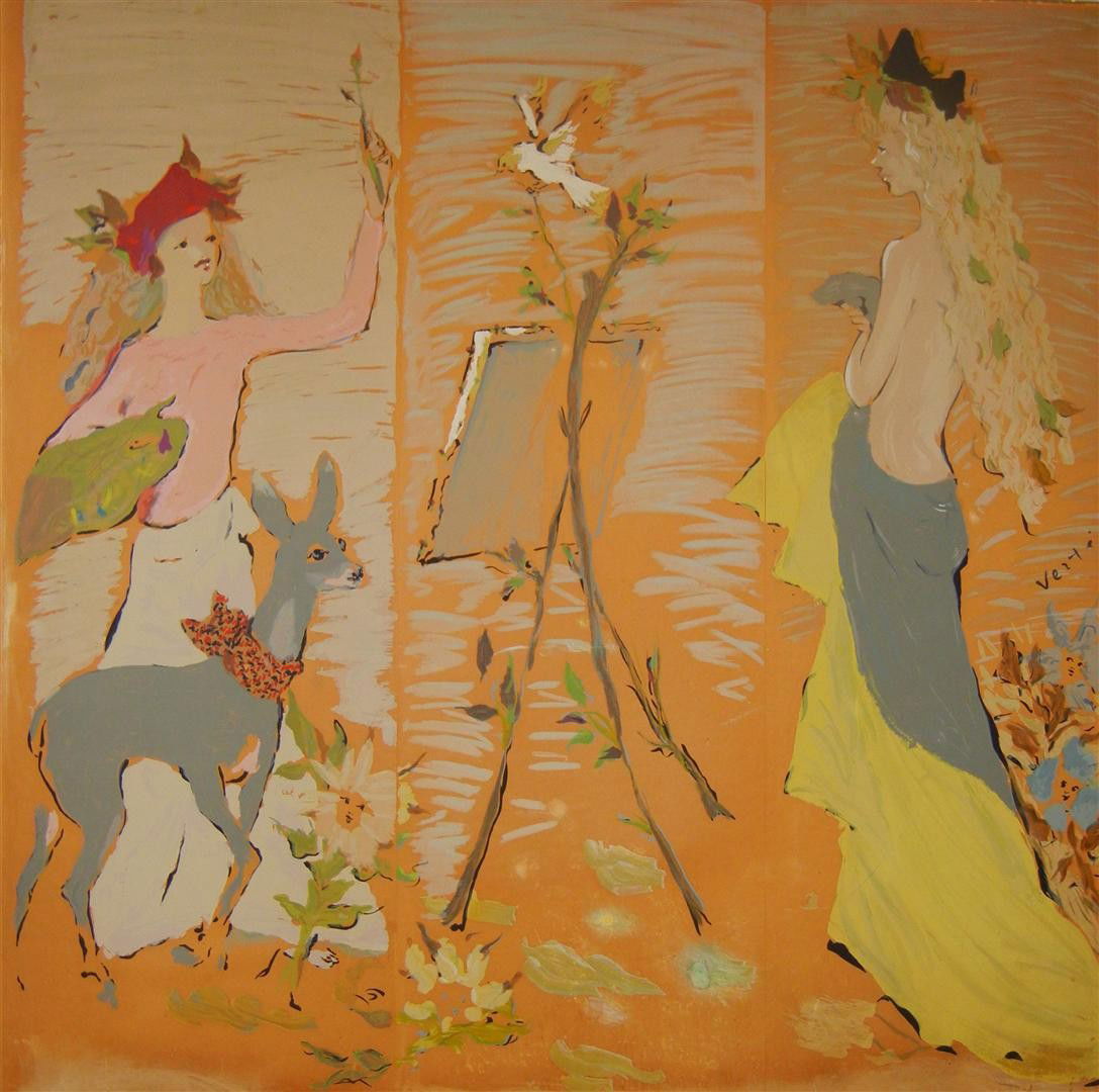 Monumental Marcel Vertes, Watercolor & Gouache: A wonderfully romantic female figures watercolor and gouache on paper by Hungarian artist Marcel Vertes (1895-1961). Measures 69" x 69"