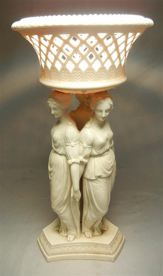 19thc Parian Ware Centerpiece, The Three Graces: A nineteenth century Parian Ware centerpiece depicting the "Three Graces." Centerpiece measures 21" x 11."