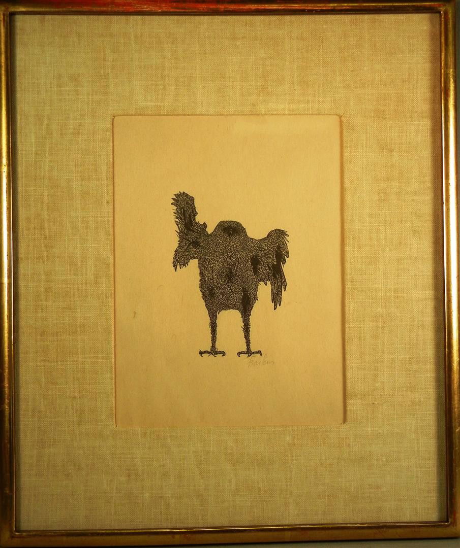 Leonard Baskin, Wood Engraving: A modern wood engraving entitled, "The Owl that Calls upon the Night Speaks Unbeliever's Fright" by American artist Leonard Baskin (1922-2000). It is pencil signed on the bottom right side and measure