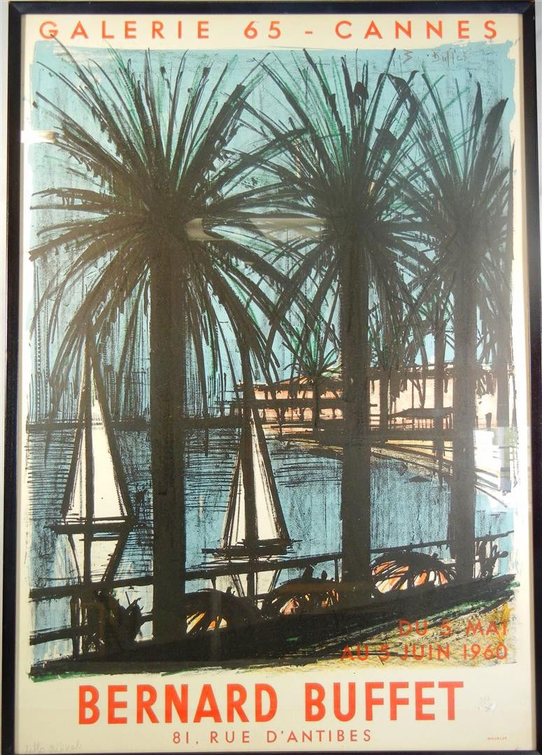 Bernard Buffet Lithograph, 1960: A lithograph/poster for a Bernard Buffet exhibit at Gallery 65 in 1960 by Bernard Buffet (1928-1999). The piece is pencil signed on the upper right hand side (see photo). The lithograph measures 30" x