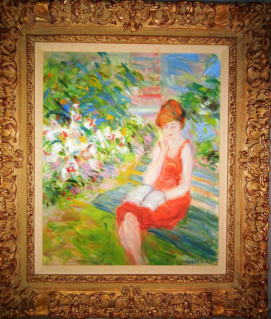 Albert Mohr, Oil on Canvas: Oil on canvas depicting a woman reading in the park by American artist Albert Mohr (1918-). Painting is signed on the bottom right side and measures 24" x 20."