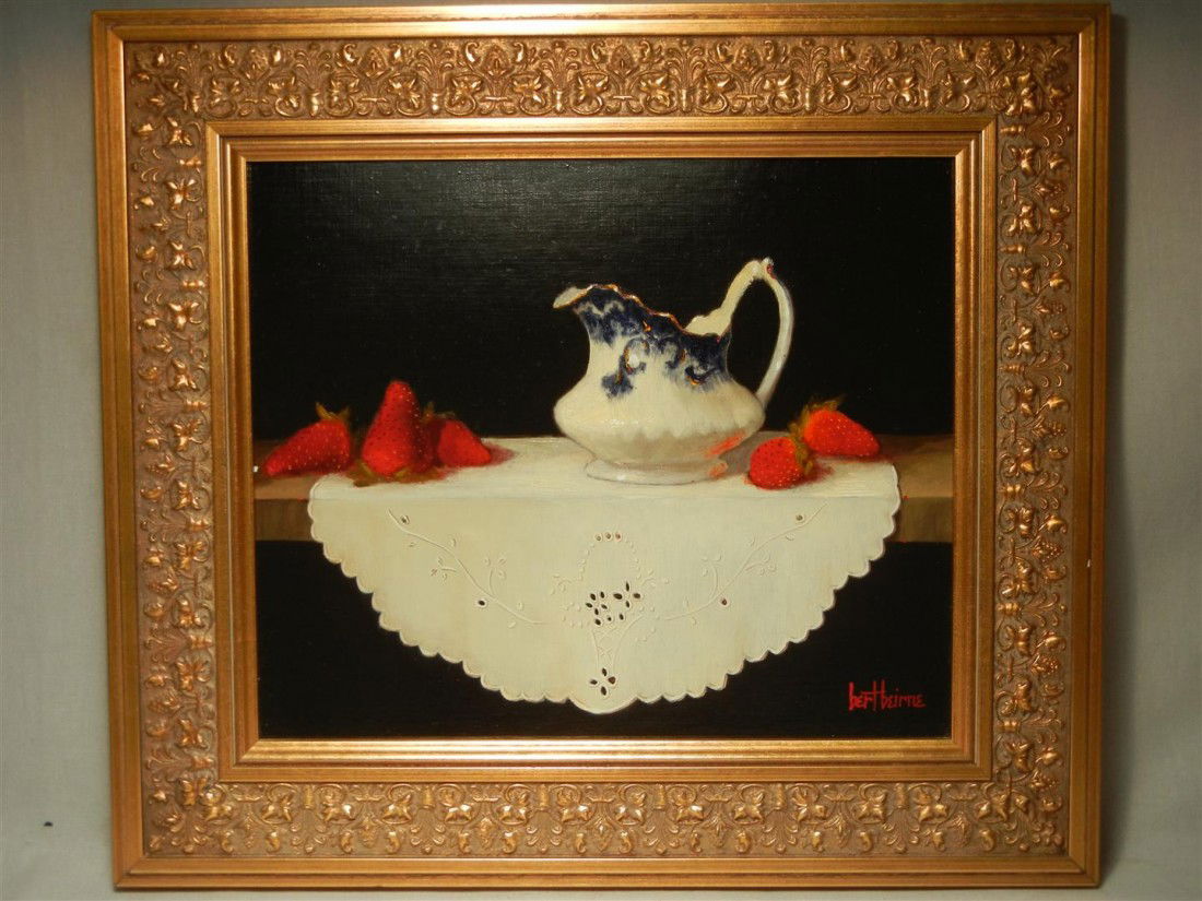 Bert Beirne, Oil on Panel: A highly colorful and vivid oil on panel by contemporary American artist Bert Beirne. The painting is entitled, "Clifton Flow Blue Creamer, Strawberries and Madieda." The painting is signed on the bot