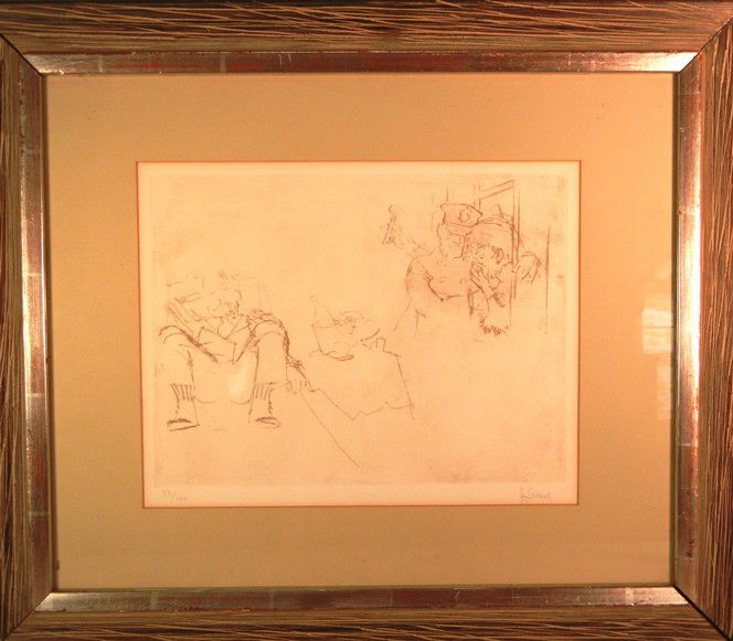 Jack Levine, Etching: Etching by American artist Jack Levine (1915-2010). Etching is signed on bottom right side (see photo) and measures 9" x 12."