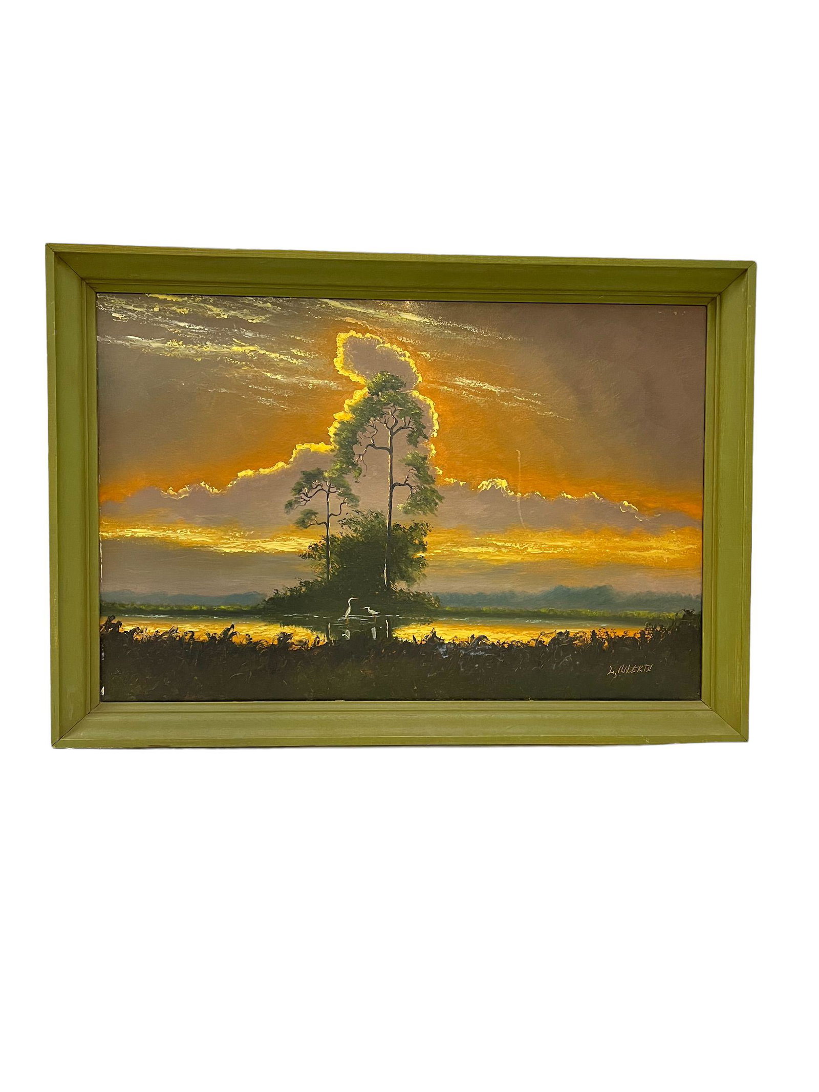 Livingston (L) Roberts, Highwayman Oil on Upson Board: A painting by Highwayman Artist Livingston (L) Roberts measuring 24" x 36" sight size and 27" x 39" with frame and is painted on upson board.