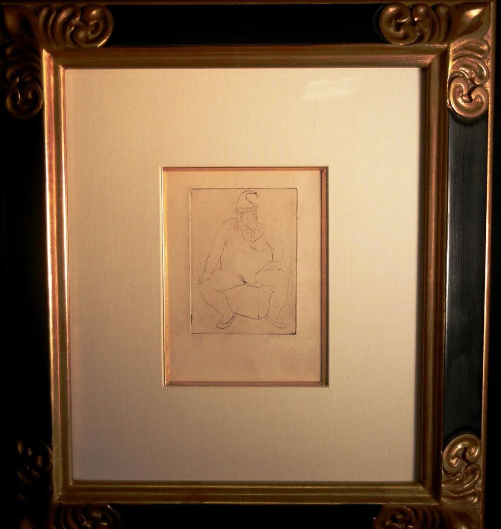 Pablo Picasso, Etching: Etching of a heavy seated jester by Spanish). The etching is unsigned but bears the watermark "Picasso" and measures 7" x 5" We had been advised by the Estate that this etching was by Toulouse-Lautrec