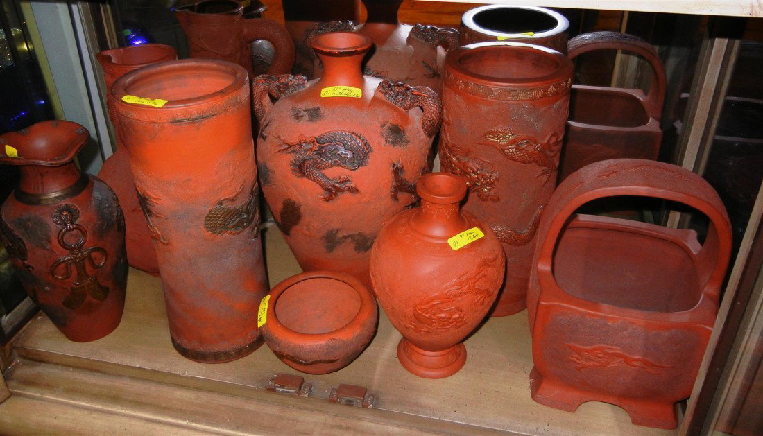8 Large Pieces of Japanese Tokoname Ware: An assortment of 8 large antique Japanese tokoname ware pieces consisting of vases, pots, and pitchers