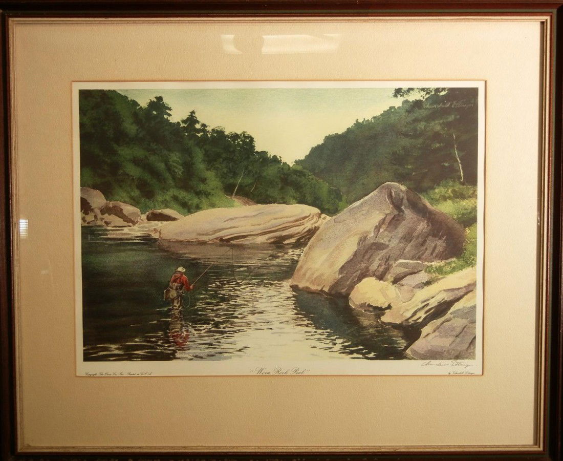 Signed Churchill Ettinger Fishing Print: Signed Print by Churchill Ettinger. By an exceptional artist and accomplished sportsman. This print is titled "Worn Rock Pool". Signed in the lower right corner in pencil. Print measures 15" x 21."