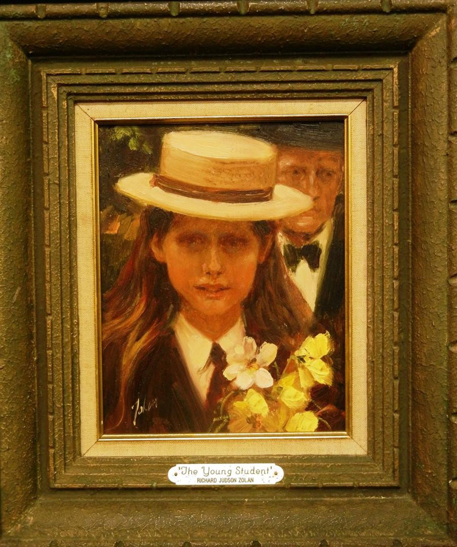 Richard Hudson Zolan, "The Young Student": Oil on board by American artist Richard Hudson Zolan(1931-2001) entitled, "The Young Student." Painting is signed on bottom left and measures: 11 1/2" x 9 1/2." Plaque affixed to painting reads, "The 