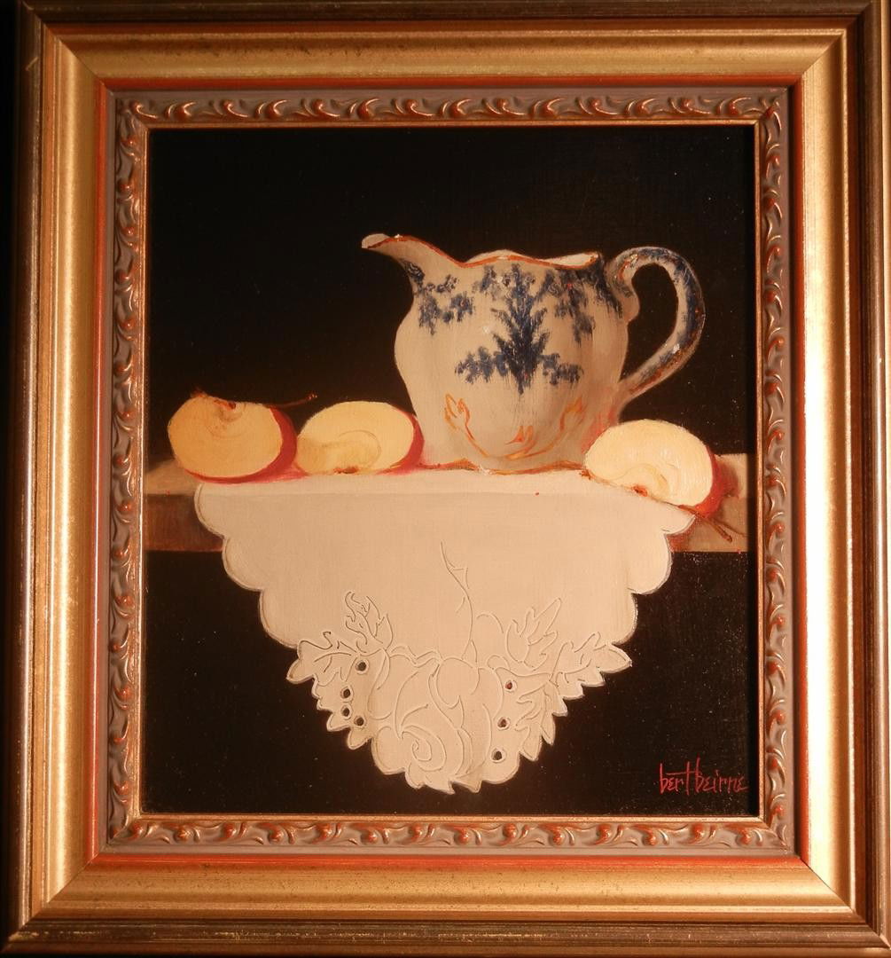 Bert Beirne, Oil on Panel: Oil on panel still life of Osborne flow blue creamer, apple slices, and madeira by American 20th century artist Bert Beirne. Painting is signed on bottom right and measures 8" x 9"