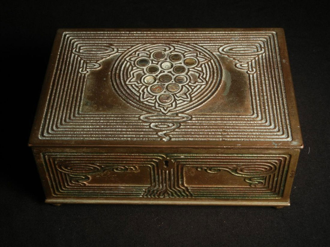 Tiffany Studios Bronze Box: Tiffany Studios bronze box with abalone measuring 2 3/4" x 6 1/2" x 4 1/2."