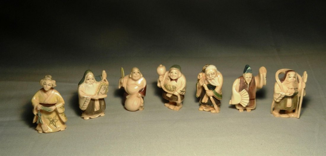 Lot of Seven Signed 19thc. Netsuke Figures: All seven 19th century netsukes are signed and measure approx. 2"H.