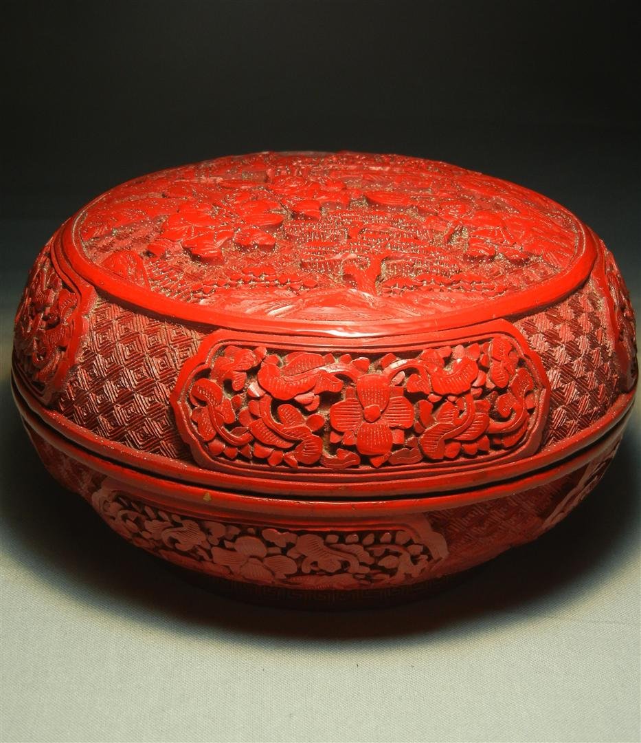 19thc.Cinnabar Sewing Box: 19th century round cinnabar sewing box and cover measuring 2 3/4"H x 5" in diameter.