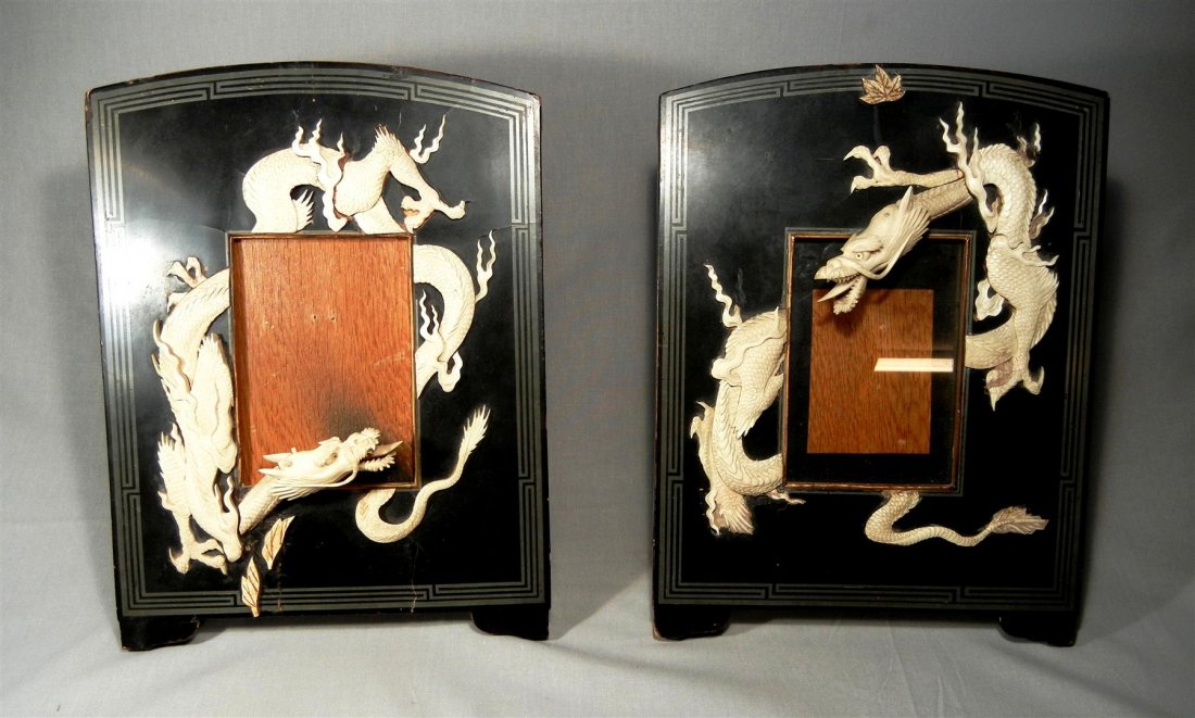 19thc. Japanese Lacquer & Ivory Frames: 19th century Japanese black laquered picture frames with ivory dragons. Frames measure 13 1/4" x 10 1/4."