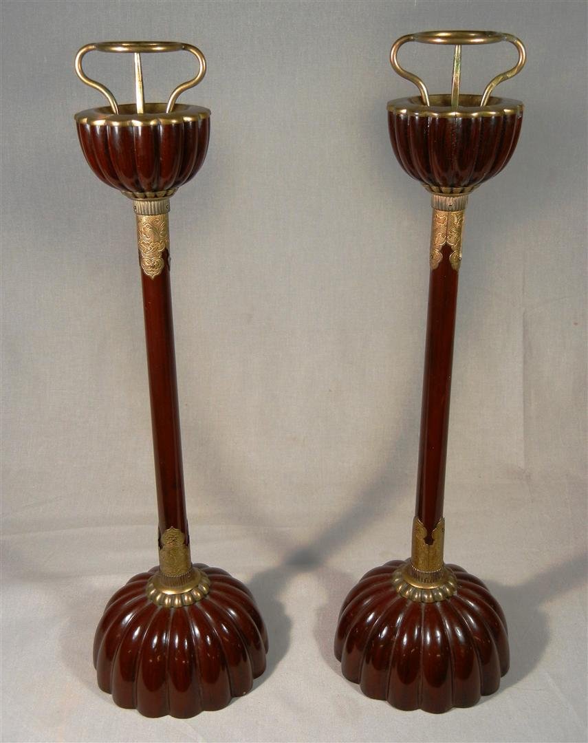 Pair of Chinese Lacquer & Brass Candlesticks: Pair of chinese lacquer and brass candlesticks measuring 16 3/4"H.