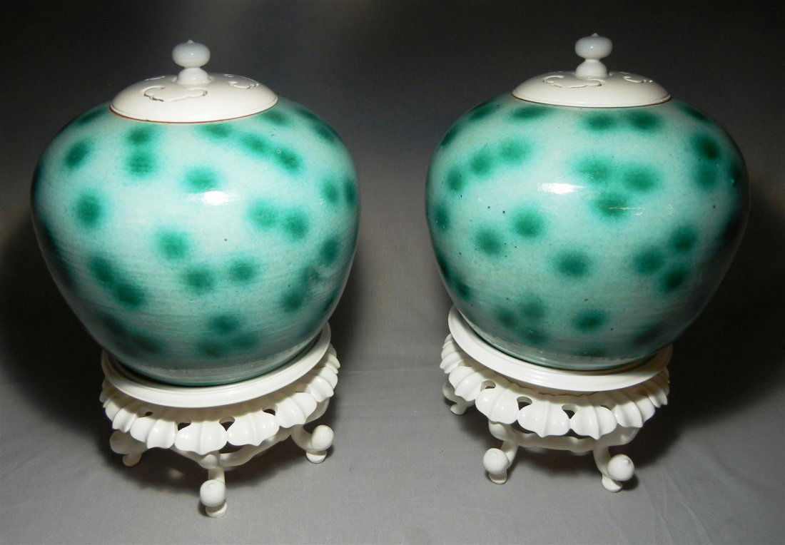 Pair of 19thc. Chinese Earthenware Jars: Pair of 19th century chinese earthenware ginger jars with white lacquered lids and stands. Jars measure approx. 8"H.